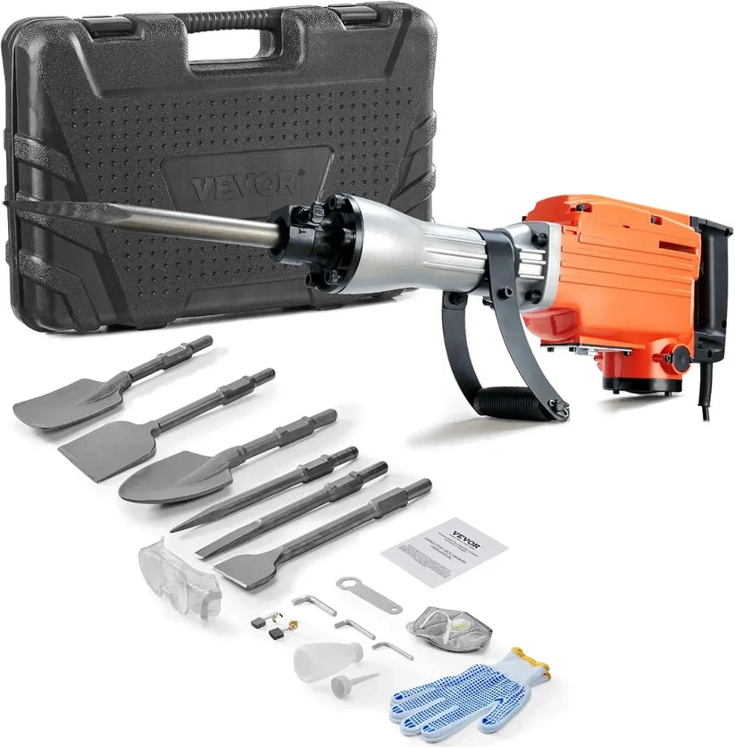 Electric Demolition Jackhammer – Heavy Duty Concrete Breaker with 360° Handle & Chisel Set