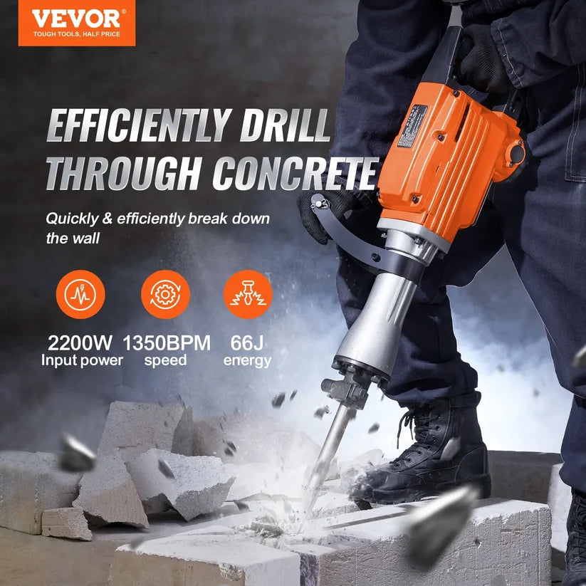 Electric Demolition Jackhammer – Heavy Duty Concrete Breaker with 360° Handle & Chisel Set