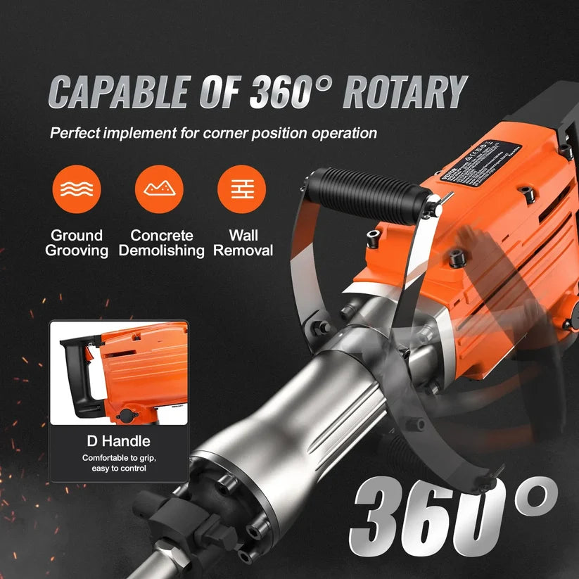 Electric Demolition Jackhammer – Heavy Duty Concrete Breaker with 360° Handle & Chisel Set