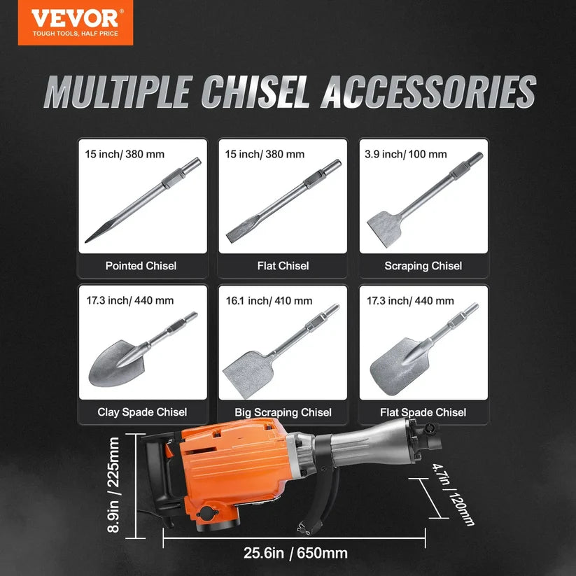 Electric Demolition Jackhammer – Heavy Duty Concrete Breaker with 360° Handle & Chisel Set