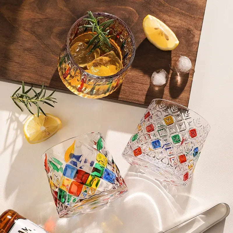 Creative Colorful Spinning Whiskey Glass – Premium Rotating Tumbler for Home Bar