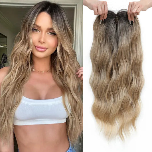 Premium Kanekalon Wavy Hairpiece with Bangs - 20 Inch Natural Look Clip-In Topper for Instant Volume