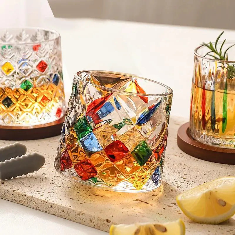 Creative Colorful Spinning Whiskey Glass – Premium Rotating Tumbler for Home Bar